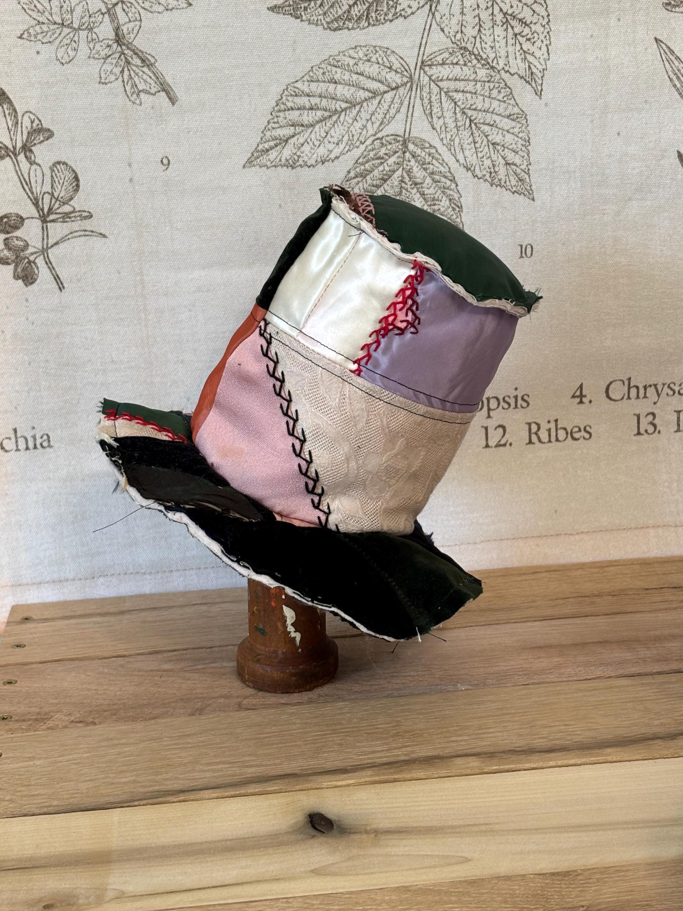 OOAK Vintage Crazy Quilt Top Hat: Antique Wood Bobbin Spool 