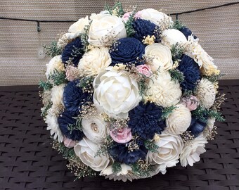 Navy blush and Ivory Wedding Bouquet made with sola flowers - choose colors - bridal bouquet - Alternative bouquet - bridesmaids bouquet