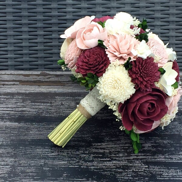 Burgundy, Blush, Wedding Bouquet made with sola flowers - choose your colors - Custom - Alternative bridal bouquet - bridesmaids bouquet