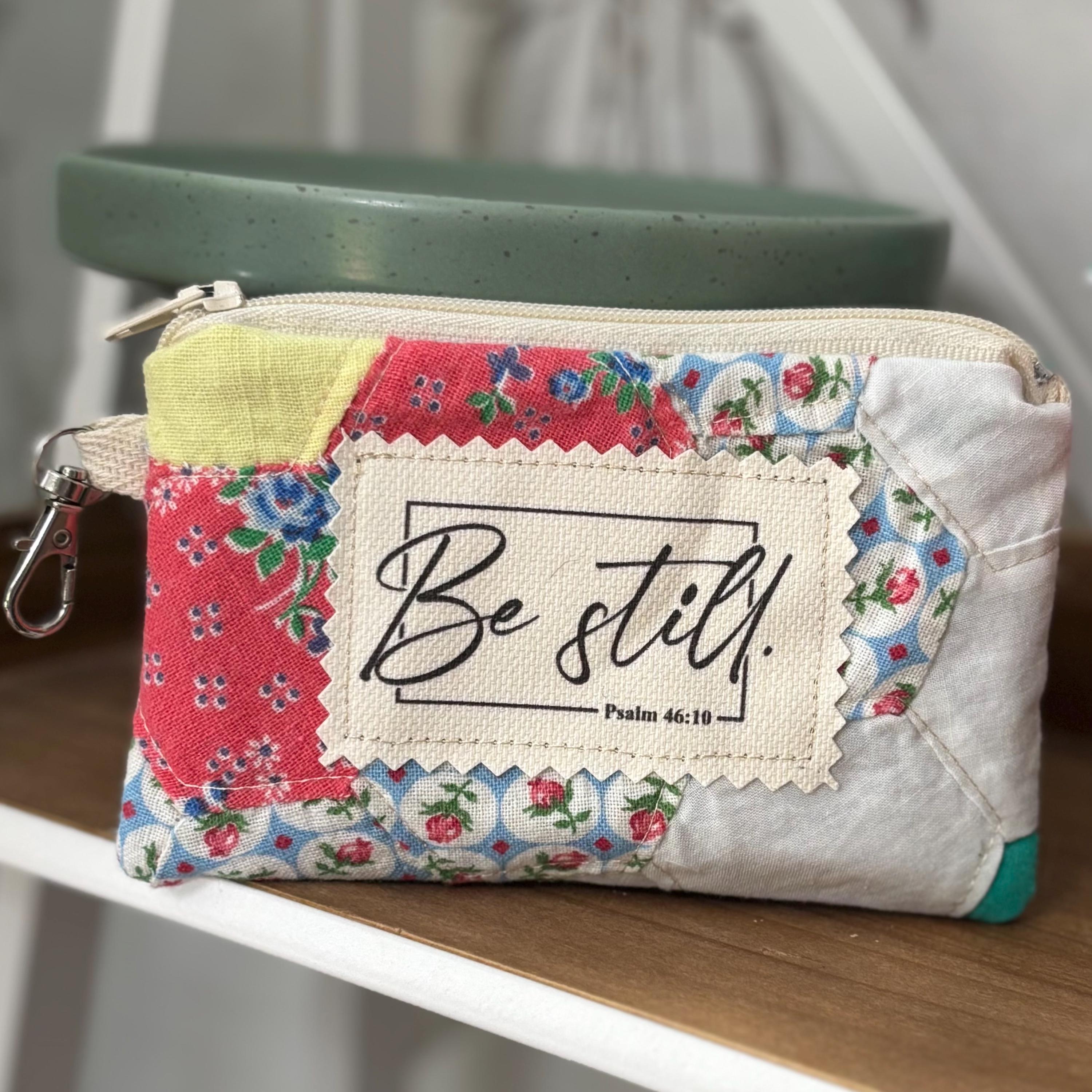 OOAK small zipper pouch made with vintage quilt - card wallet - Psalm 46:10 - Be Still
