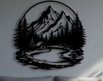 Mountain Forest Metal Wall Art, Cabin & Pine Tree Decor