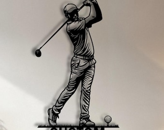Decoración de pared metálica personalizada para golfistas, silueta de golfista personalizada, regalo para amantes del deporte en el hoyo 19