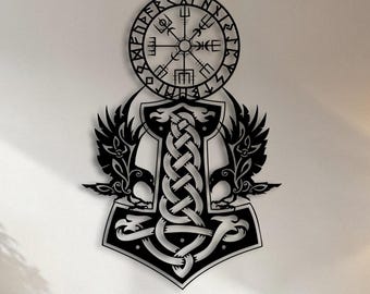 Norse Raven Mjolnir Metal Wall Art, Viking Decor