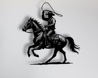 Western Cowboy Metal Wall Art, Rustic Rodeo Horse and Rider Design