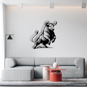 Charging Bull Metal Wall Art - Modern Black Bull Silhouette for Home Decor - Powerful Animal Cutout Wall Sculpture - Bullish Metal Art for Office or Living Room