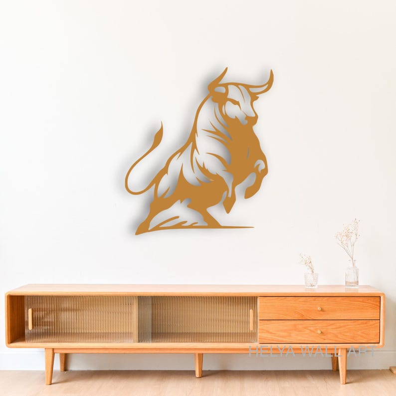Charging Bull Metal Wall Art - Modern Black Bull Silhouette for Home Decor - Powerful Animal Cutout Wall Sculpture - Bullish Metal Art for Office or Living Room
