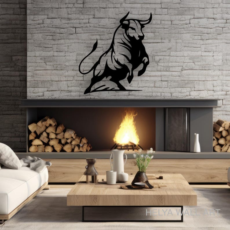 Charging Bull Metal Wall Art - Modern Black Bull Silhouette for Home Decor - Powerful Animal Cutout Wall Sculpture - Bullish Metal Art for Office or Living Room