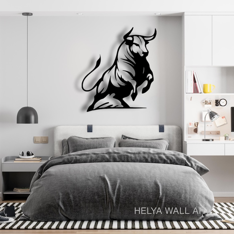 Charging Bull Metal Wall Art - Modern Black Bull Silhouette for Home Decor - Powerful Animal Cutout Wall Sculpture - Bullish Metal Art for Office or Living Room