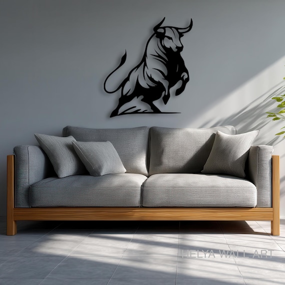 Black Bull Metal Wall Art, Bitcoin Decor, Charging Bull Deco
