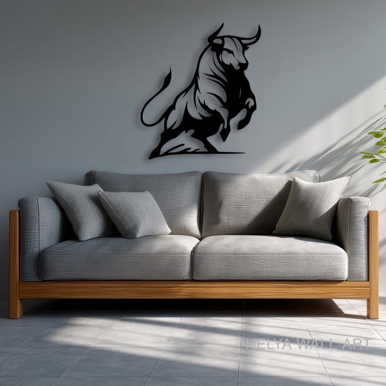 Charging Bull Metal Wall Art - Modern Black Bull Silhouette for Home Decor - Powerful Animal Cutout Wall Sculpture - Bullish Metal Art for Office or Living Room