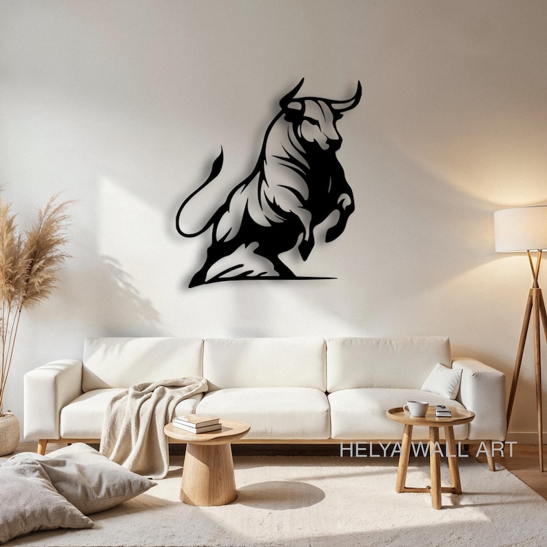 Charging Bull Metal Wall Art - Modern Black Bull Silhouette for Home Decor - Powerful Animal Cutout Wall Sculpture - Bullish Metal Art for Office or Living Room