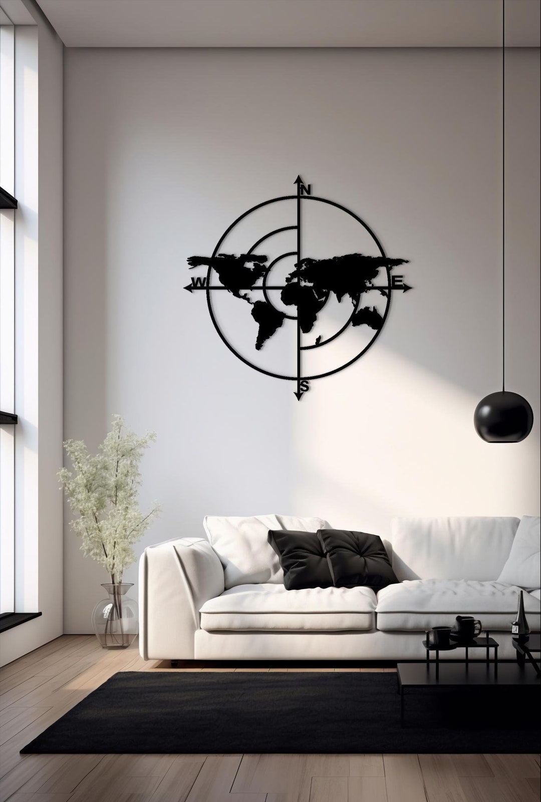 World Map and Compass Metal Wall Art, World Map Wall Art, Travel ...