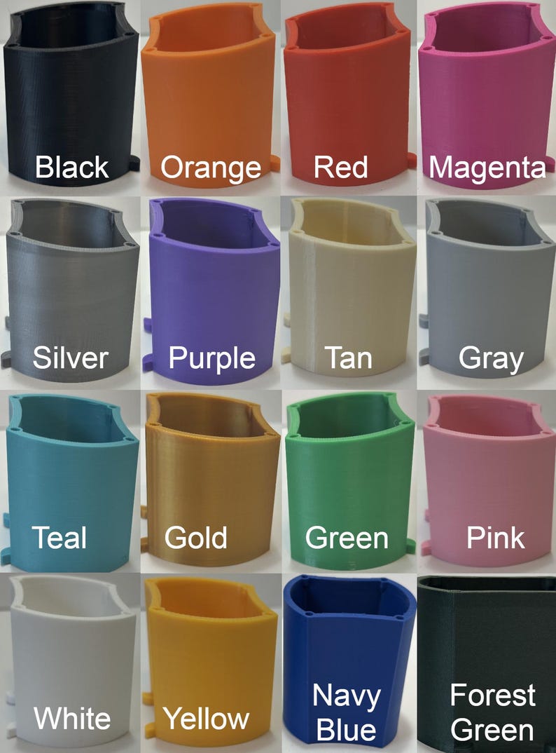 May include: A collection of 16 colorful, 3D-printed containers. Colors include black, orange, red, magenta, silver, purple, tan, gray, teal, gold, green, pink, white, yellow, navy blue, and forest green. Each container has the color name printed on it.
