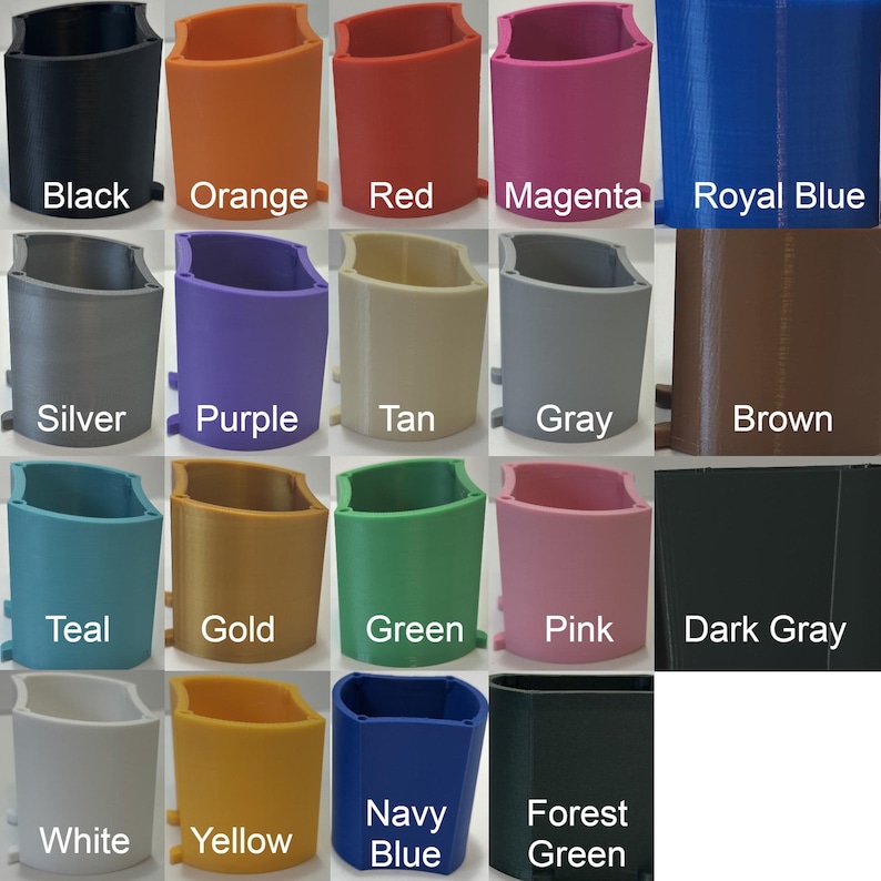 Op de afbeelding: Een raster van negentien 3D-geprinte cilindrische houders in verschillende kleuren, elk gelabeld met de bijbehorende kleurnaam: Black, Orange, Red, Magenta, Royal Blue, Silver, Purple, Tan, Gray, Brown, Teal, Gold, Green, Pink, Dark Gray, White, Yellow, Navy Blue en Forest Green.