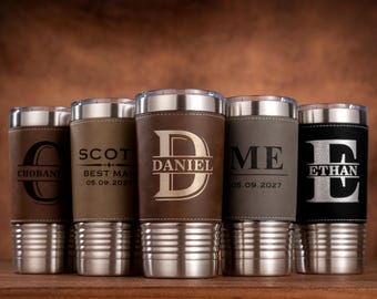 Personalized Leather Tumbler, Custom Engraved Stainless Steel Cup, Groomsmen Gifts for Wedding Party, Travel Cup for Dad, Husband, or Friend