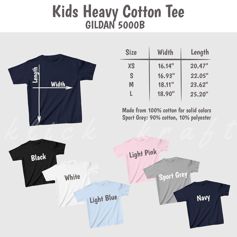 May include: Kids Heavy Cotton Tee Gildan 5000B size chart with measurements in inches. The chart shows sizes XS, S, M, and L with corresponding width and length measurements. The chart is surrounded by images of different colored t-shirts: black, white, light blue, light pink, sport grey, and navy.