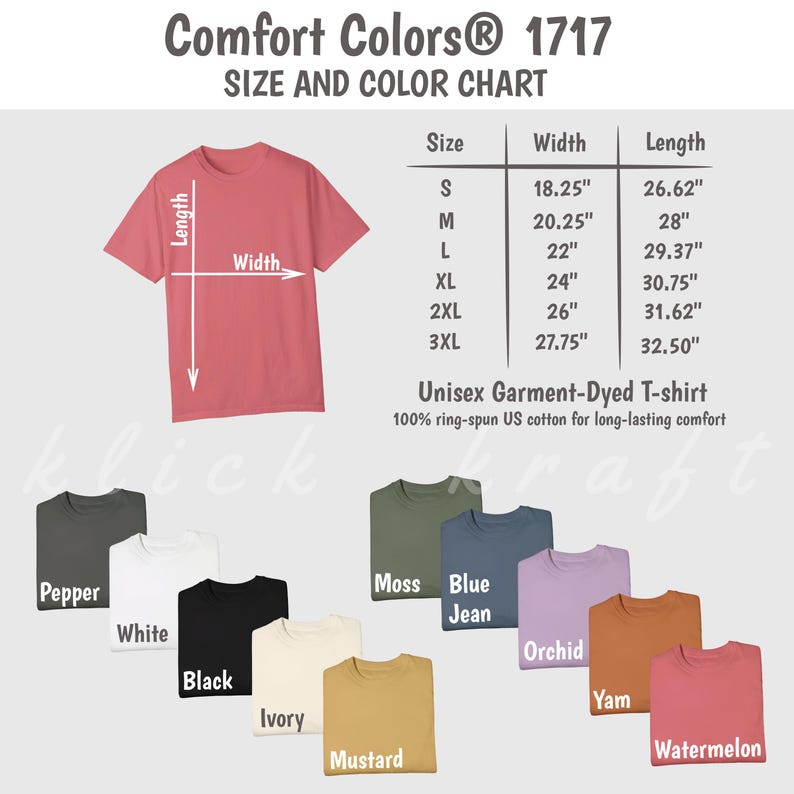 May include: A size and color chart for unisex t-shirts made from 100% ring-spun US cotton. The chart shows the different sizes and corresponding width and length measurements in inches. The chart also shows 10 different color options for the t-shirts, including Pepper, White, Black, Ivory, Mustard, Moss, Blue Jean, Orchid, Yam, and Watermelon.