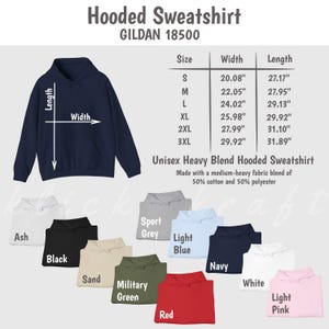May include: A navy blue hooded sweatshirt with a size chart showing measurements in inches. The chart includes sizes S, M, L, XL, 2XL, and 3XL. The sweatshirt is made of a blend of 50% cotton and 50% polyester.
