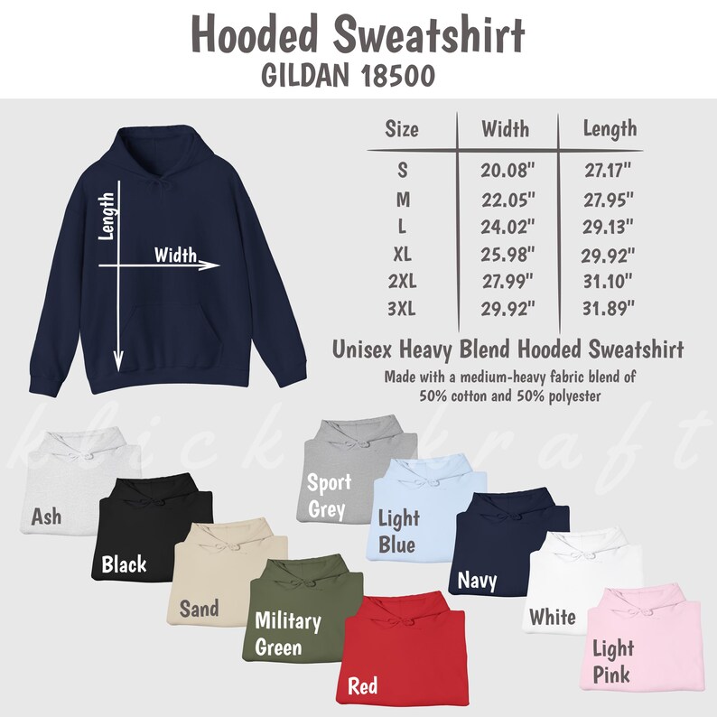 May include: A navy blue hooded sweatshirt with a size chart showing measurements in inches. The chart includes sizes S, M, L, XL, 2XL, and 3XL. The sweatshirt is made of a blend of 50% cotton and 50% polyester.