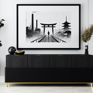 Japanese torii gate wall art print digital download | Japandi black white minimalist poster