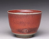 handmade ceramic cup, yunomi, pottery tea cup with bright red and green celadon glazes