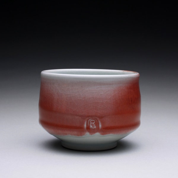 porcelain tea bowl - chawan with bright red  and light turquoise celadon glazes