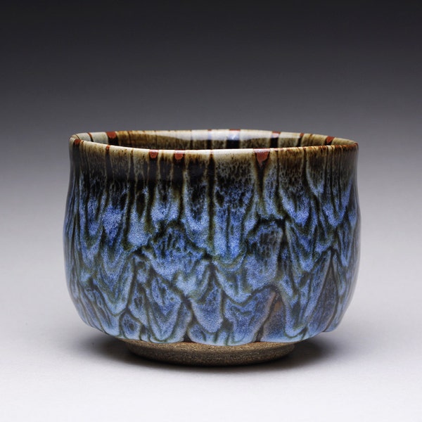 handmade matcha chawan, pottery bowl, ceramic tea bowl with black tenmoku and blue chun glazes
