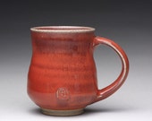 handmade ceramic mug, pottery cup, teacup with bright red and light green celadon glazes