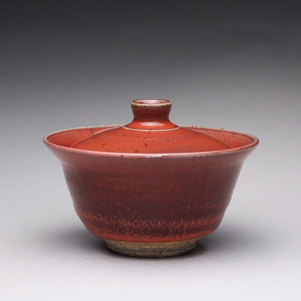 handmade ceramic gaiwan, pottery gaiwan with bight red and white ash glazes