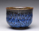 handmade matcha chawan, tea bowl, ceramic bowl with black tenmoku and blue glazes