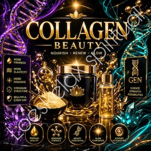Pode incluir: Um pote preto de pó de colágeno com tampa dourada, um frasco pequeno dourado e uma tigela com pó. O fundo apresenta fios de DNA dourados, cristais roxos e azul-petróleo, e texto incluindo COLLAGEN BEAUTY, NOURISH, RENEW, GLOW e GEN.