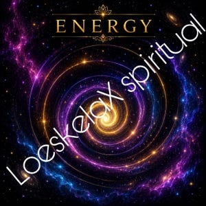 Könnte beinhalten: Eine digitale Grafik mit einer wirbelnden Galaxie aus violettem, blauem und goldenem Licht vor einem schwarzen Hintergrund. Das Wort ENERGY ist oben in Gold gedruckt, und der Text Loeskelax spiritual steht in Weiß in der Mitte.