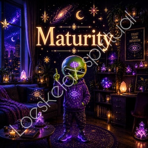 Pode incluir: Uma figura alienígena verde vestindo um moletom roxo com um gráfico de olho está em uma sala decorada com cristais brilhantes, estrelas e uma lua crescente. A palavra Maturity está escrita em letras douradas grandes acima da figura.