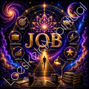 Pode incluir: Uma ilustração digital com a palavra JOB em letras douradas grandes, rodeada por ícones de foco, trabalho árduo, oportunidades, progresso, crescimento e sucesso. Uma pessoa sobe escadas em direção a uma luz brilhante, com portátil e livros.