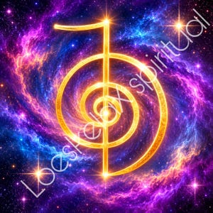 Könnte beinhalten: Ein leuchtendes goldenes Cho Ku Rei Reiki-Symbol vor einem lebendigen Nebelhintergrund aus violetten, blauen und orangefarbenen kosmischen Wolken mit verstreuten Sternen. Der Text "LoesRelaxSpiritual" ist diagonal über die Mitte gelegt.