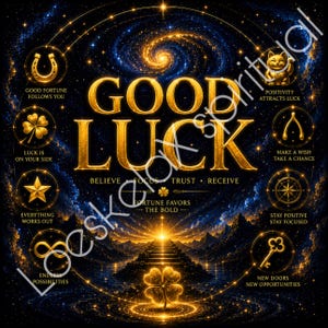 May include: A digital graphic featuring the gold text GOOD LUCK centered against a dark blue cosmic background. Surrounding the text are eight circular icons with symbols including a horseshoe, lucky cat, clover, wishbone, star, compass, infinity sign, and key, each with motivational text.