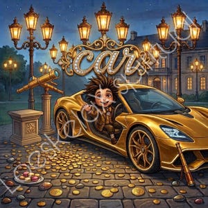 Puede incluir: Un coche deportivo dorado aparcado en una calle empedrada con un personaje de dibujos animados en el asiento del conductor. La escena incluye farolas ornamentadas, un telescopio sobre un pedestal y un plato de macarons. La palabra car está en oro.