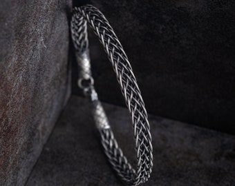 Black Woven Vikings Bracelet, Vintage Crochet Celtic Bracelet, Chain Cuff Bracelet for Men, Oxidized Norse Bracelet, Weave Bracelet
