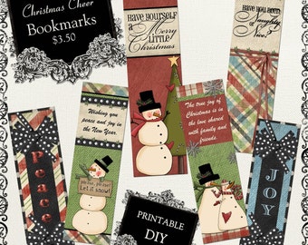 Christmas Cheer BOOKMARKS ~ Digital Collage Sheet ~ Book, Reading, Printable, Bookmark, Snowman, Gift, Craft Show, Favor, Gift, Secret Santa