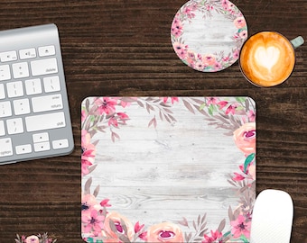 Watercolor Floral Mouse Pad and Coaster Desk Set Sublimation Design White Wood Customizable Coaster and Mousepad SMO1