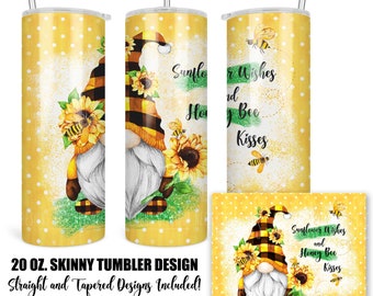 Honey Bee Gnomes PNG, Sunflower Wishes Honey Bee Kisses Skinny Tumbler PNG, Sublimation Design, Full Tumbler Wrap, Bee Waterslide 5-SUM024