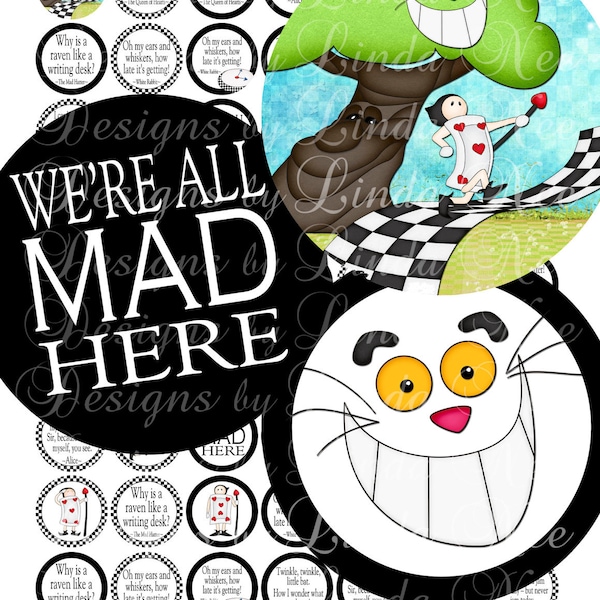 Whimsical Alice in Wonderland and the Mad Hatter and White Rabbit (1 inch Round) Bottlecap Images Digital Collage Sheet printable sticker 1"