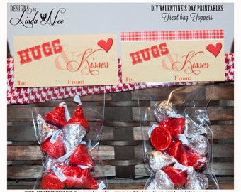 Valentine Candy Bag Topper 4" - HUGS and KISSES - Candy Labels Instant Download Printable ~ Kid's Valentine Card ~ Craft DIY Wrapper ~ Diy