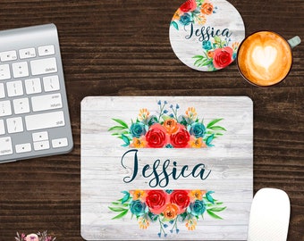 Sublimation Design Mouse Pad and Coaster Desk Set Floral Watercolor White Wood Customizable Coaster and Mousepad SMO16