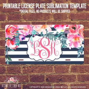 Floral License Plate Sublimation Template PNG Pink and Blue, Monogrammed Car Accessories, Vanity Plate, Printable Digital Art, Auto ALP18