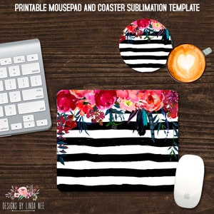 Mousepad Sublimation Template, Mouse Pad PNG Design, Watercolor Floral Mouse Pad and Coaster Desk Set Black White Striped Customizable SMO4