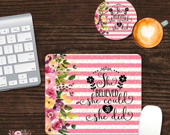 Sublimation Design Mouse Pad and Coaster Desk Set She Believed She Could So She Did Graduation Inspirational Desk Set Office Decor SMO9