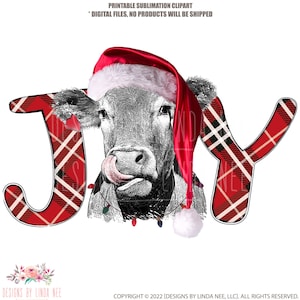JOY 牛、Joy クリスマス、農場の動物のクリスマス PNG、デジタル ダウンロード、スカーフを巻いたサンタ牛、印刷可能な昇華画像 DTG 5-8-XMS001