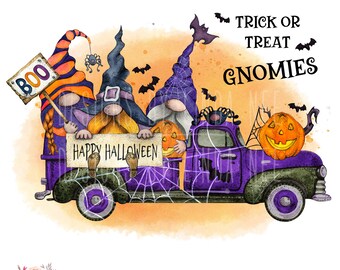 Trick or Treat Gnomies PNG, Halloween Gnomes on Truck, Boo Digital Download, Happy Halloween, Pumpkin, Printable Sublimation PNG 5-7-HAL017