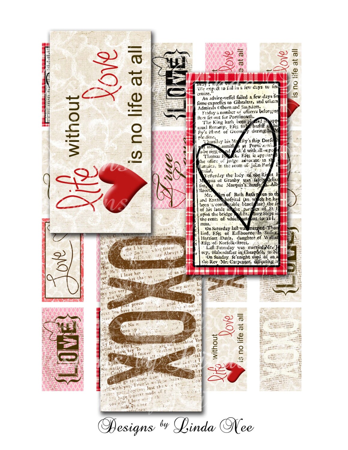 Instant Download - Vintage Love (1 x 2 Inch) Images Digital Collage Sheet  SALE printable stickers love life faith hope create